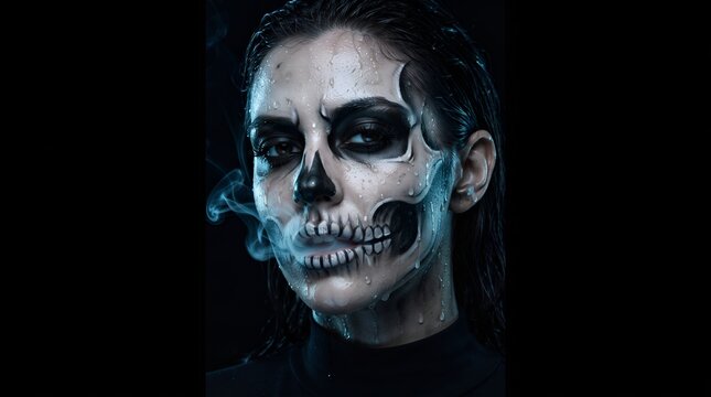 Retrato de maquillaje de esqueleto con gotas de agua y humo, rostro pintado estilo calavera sobre fondo negro