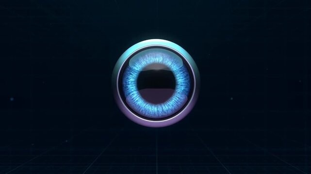 Blue artificial eye floating above dark digital grid with futuristic glowing light