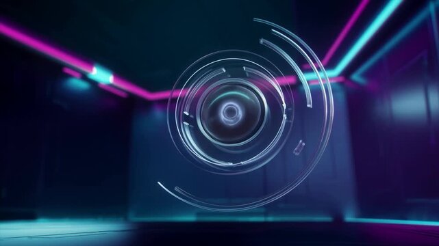 Glowing circular interface hovering in neon futuristic interior with layered glass rings