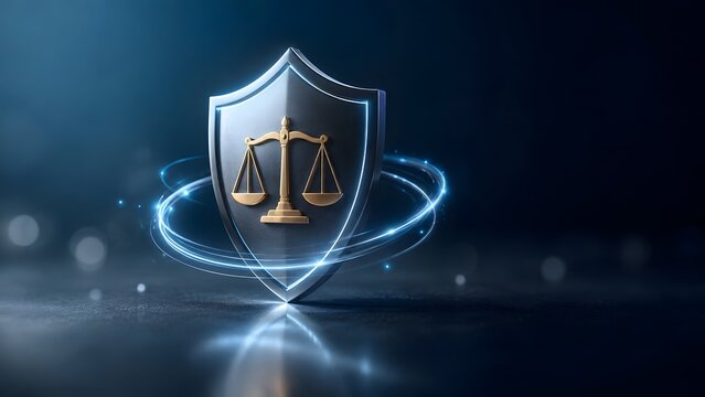 Legal protection shield with scales of justice and glowing digital rings representing cyber law and compliance security