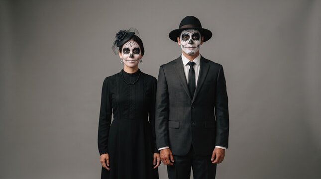 Pareja de Catrina y Catr&iacute;n con maquillaje de calavera vestidos de negro elegante, retrato de cuerpo completo sobre fondo gris