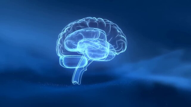 Glowing Human Brain Illustration Floating Against Blue Background