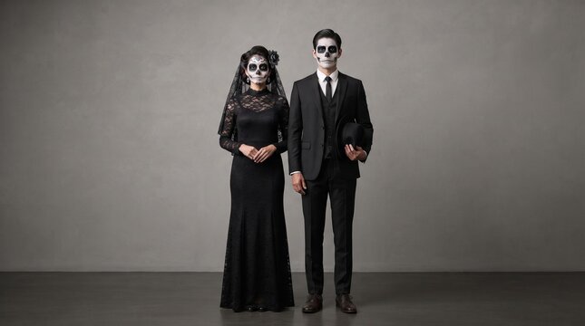 Pareja de Catrina y Catr&iacute;n con maquillaje de calavera vestidos de negro elegante, retrato de cuerpo completo sobre fondo gris
