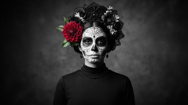 Retrato en blanco y negro con maquillaje de Catrina, corona de flores y una rosa roja como &uacute;nico color, estilo dram&aacute;tico