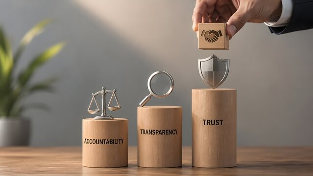 Corporate ethics concept with hand placing handshake block on wooden pillars showing accountability transparency and trust