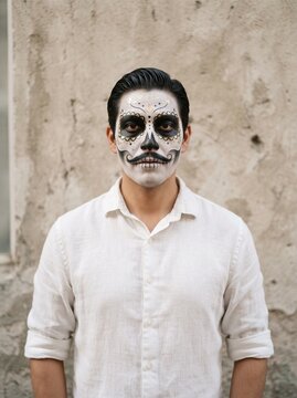 Persona con maquillaje de calavera estilo D&iacute;a de Muertos y bigote pintado, retrato frente a pared de textura r&uacute;stica