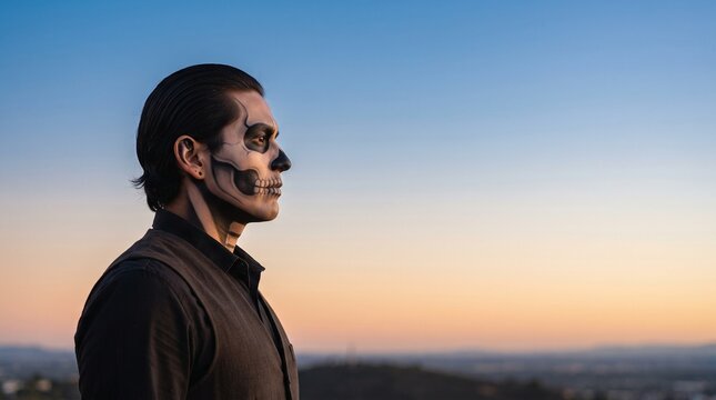 Retrato de perfil con maquillaje de calavera al atardecer, cielo degradado azul y naranja de fondo