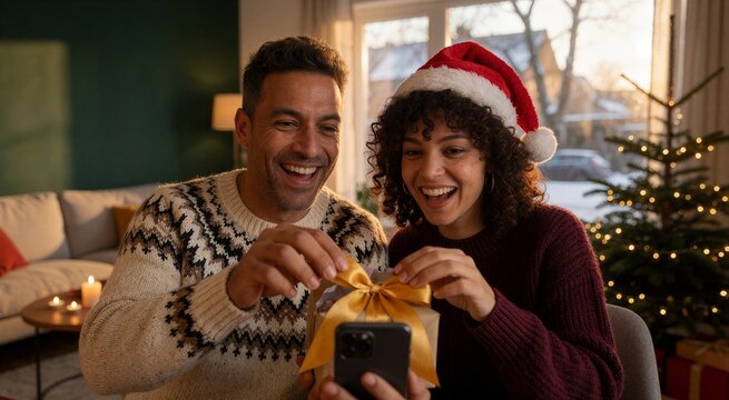 Joyful moment of Christmas laughter between a man and woman opening a gift in a warmly lit living room setting.