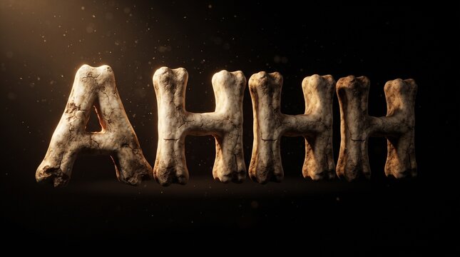 Letras 3D con textura de hueso formando la palabra AHHHH sobre fondo oscuro, tipograf&iacute;a renderizada en 3D estilo terror