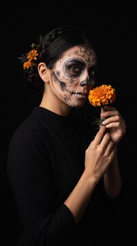 Persona con maquillaje de Catrina y flores de cempas&uacute;chil para el D&iacute;a de Muertos, retrato con vestido negro sobre fondo neutro