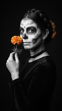 Persona con maquillaje de Catrina y flores de cempas&uacute;chil para el D&iacute;a de Muertos, retrato con vestido negro sobre fondo neutro