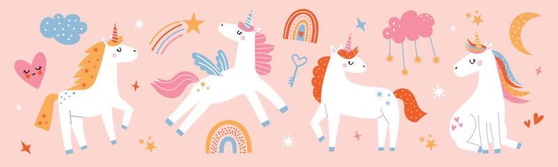 Cute magical unicorns vector set. Hand drawn fairy tale collection with pony, rainbows, clouds, stars and hearts. Cute nursery illustration in pastel colors for kids design. © Hanna Bykova