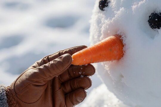 A close-up shot capturing a parents gloved hands carefully placing a bright orange carrot as a nose onto a cheerful snowman, symbolizing building a snowman activity.