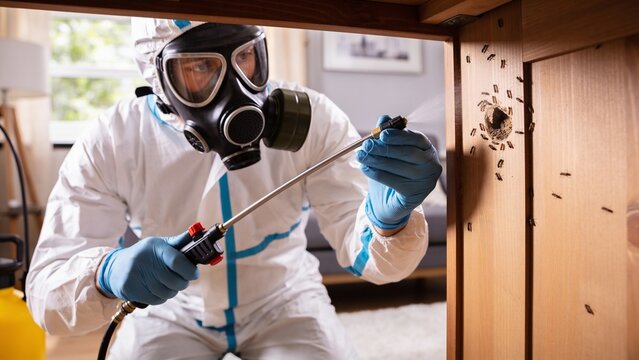 A pest control technician in protective gear sprays pesticide into a hole in a wooden structure.