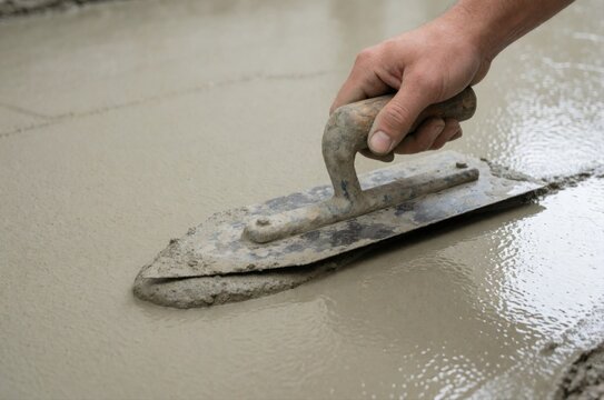 A close-up view of a worker using a metal hand trowel to smooth out wet concrete on a construction site.