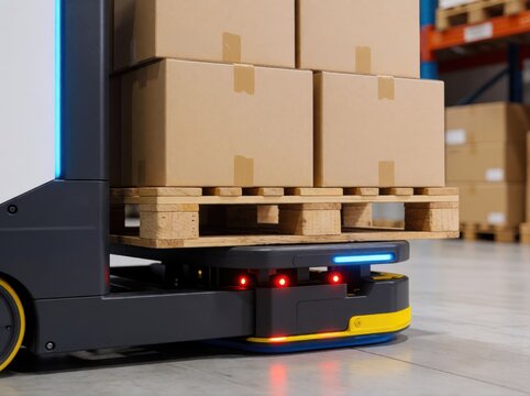 An autonomous robotic platform transporting a wooden pallet loaded with cardboard shipping boxes.