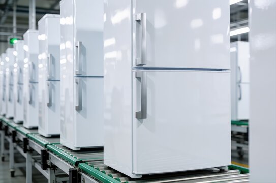 Rows of white top-freezer refrigerators moving along an industrial conveyor belt in a factory setting.