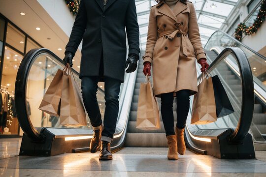 Couple walking with Christmas shopping bags past escalators in a bright, modern indoor mall setting.