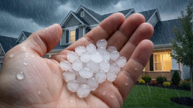 A close-up of a hand holding several hail stones during a heavy rainstorm in front of a house.