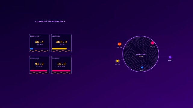 A digital data pipeline interface displaying circular orbital connections and flickering numeric readouts on a deep violet gradient surface for modern software engineering dashboard analytics visuals
