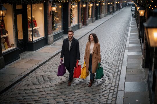 A stylish couple walks down a historic cobblestone street, carrying colorful Christmas shopping bags on an overcast day.