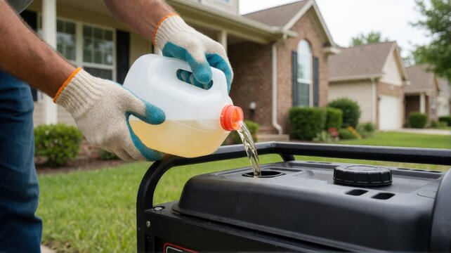 A person wearing work gloves pours fuel into a portable outdoor power generator in a yard setting.