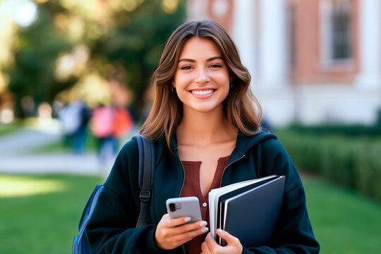 Cheerful young female student standing outdoors on campus holding smartphone and laptop