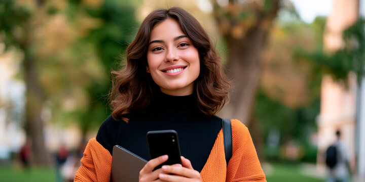 Cheerful young female student standing outdoors on campus holding smartphone and laptop