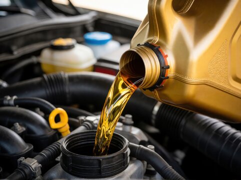 A close-up shot of fresh golden motor oil being poured from a plastic jug into an engine reservoir.