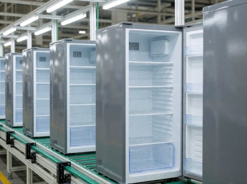 An assembly line in a factory showing multiple open stainless steel refrigerators on a conveyor.