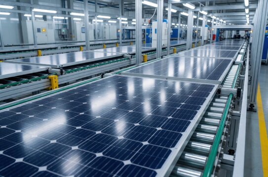 An automated assembly line in a factory features numerous solar panels moving on roller conveyors.