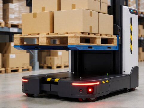 An autonomous mobile robot lifting a wooden pallet stacked with brown cardboard boxes in a warehouse.