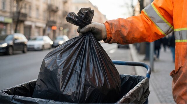 A street cleaner in a bright orange high-visibility jacket holds a full black plastic trash bag.