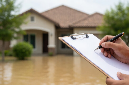 A close-up of a person holding a clipboard and pen to assess a residential home flooded by water.