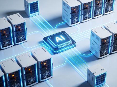 A high-tech central processor labeled AI is interconnected with several server racks via light beams.