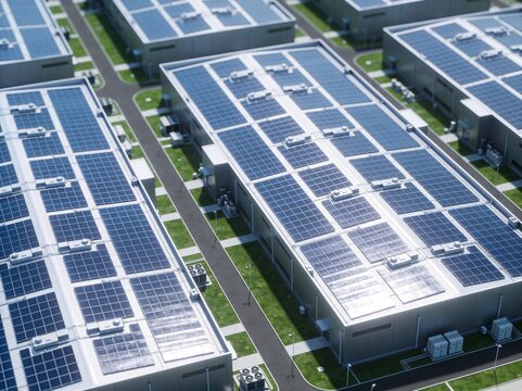 An aerial view of multiple data center buildings featuring extensive solar panels on their rooftops.