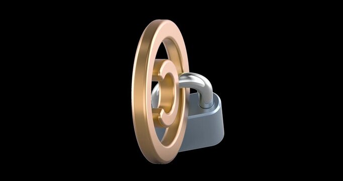 Copyright sign with padlock rotation animation seamlessly loopable. 3D rendering isolated on transparent background