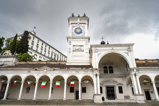 Piazza della Libert&agrave; main square with Loggia e Tempietto di San Giovanni and clock tower, Castello di Udine in the back, old town, Udine, Friuli-Venezia Giulia, Italy