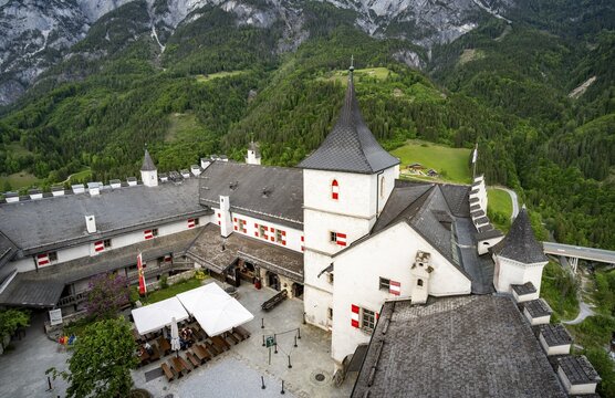 Castle with courtyard, mountain peaks of the Tennengebirge Mountains at the back, Hohenwerfen Fortress, Pongau, Salzburg state, Austria