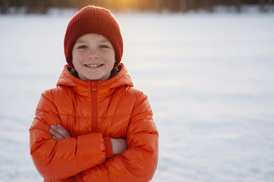 Joyful portrait of a young boy in an orange puffer jacket during a winter walk in a snowy park on Christmas.