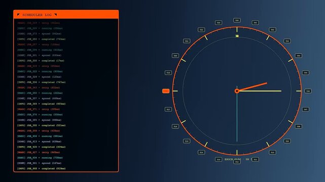 A digital data pipeline interface displaying circular clocks and scrolling text logs on a dark screen to show system monitoring and active server processes