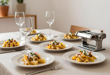 Fototapeta premium Homemade pasta dinner party with fresh ingredients, Italian cuisine and cooking at home, pasta maker on dining table