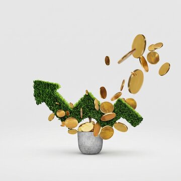 Green grass arrow graph growing out of a pot with falling gold coins