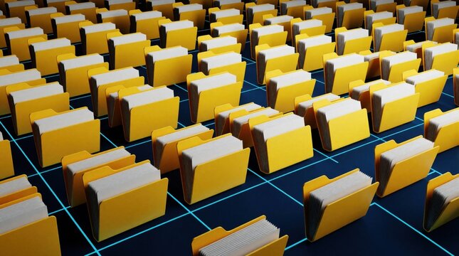 Yellow document folders with white paper sheets sit on dark blue digital grid. Glowing cyan lines connect organized files in cyber network. Abstract concept for data storage, cloud computing,