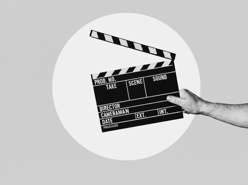 Hand holding a film clapperboard against a white circle and grey background