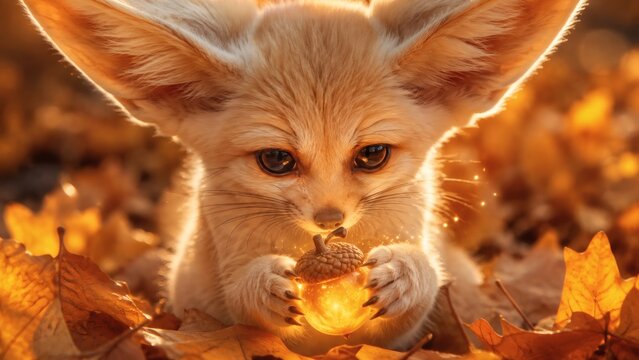 Adorable fennec fox with large ears sitting among golden autumn leaves.