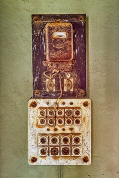 Electricity meter, fuses, ruin, Kolmanskop, ghost town, L&uuml;deritz, Namibia