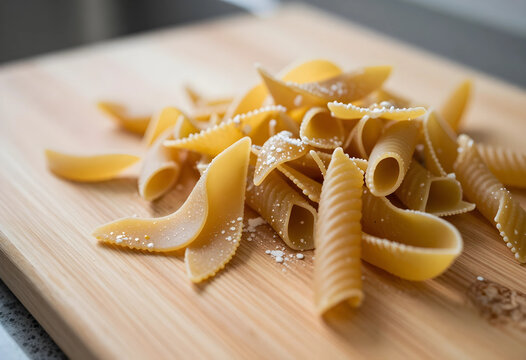 Italian pasta varieties on a wooden cutting board, traditional cuisine and cooking ingredients, healthy eating and meal preparation