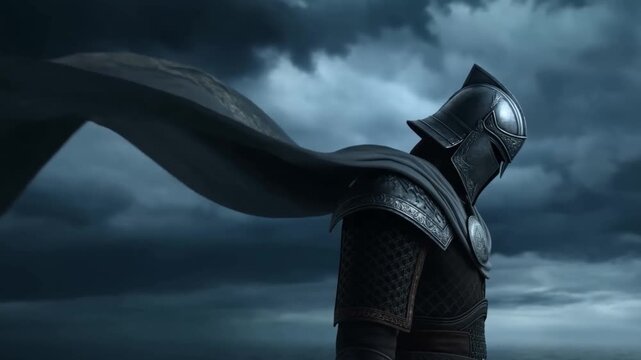 Armored warrior standing beneath storm clouds with a long dark cloak extended