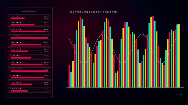 A digital data pipeline shows fluctuating server performance metrics with vertical bar charts and wave patterns displayed on a dark virtual interface for analytics monitoring